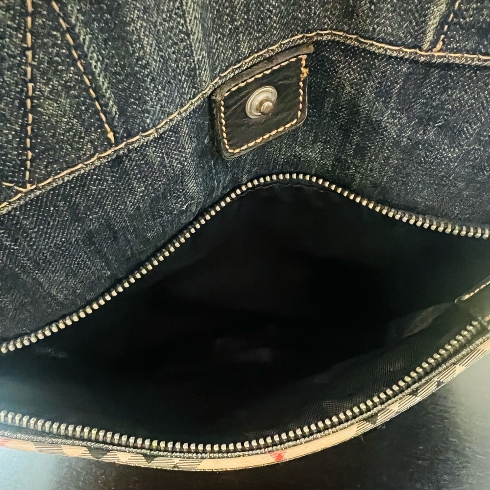 Burberry Blue Label Denim Tote Bag Plaid Lining Leather Trim - Picture 10 of 10